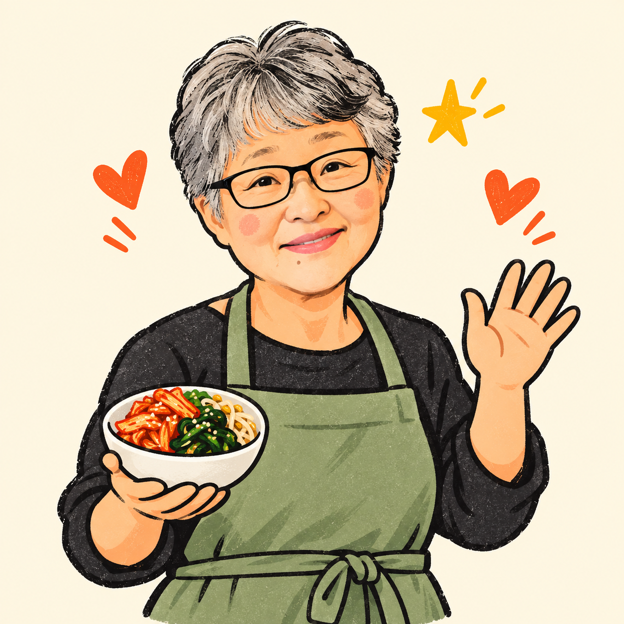 Mrs Kim waving with a bowl of banchan