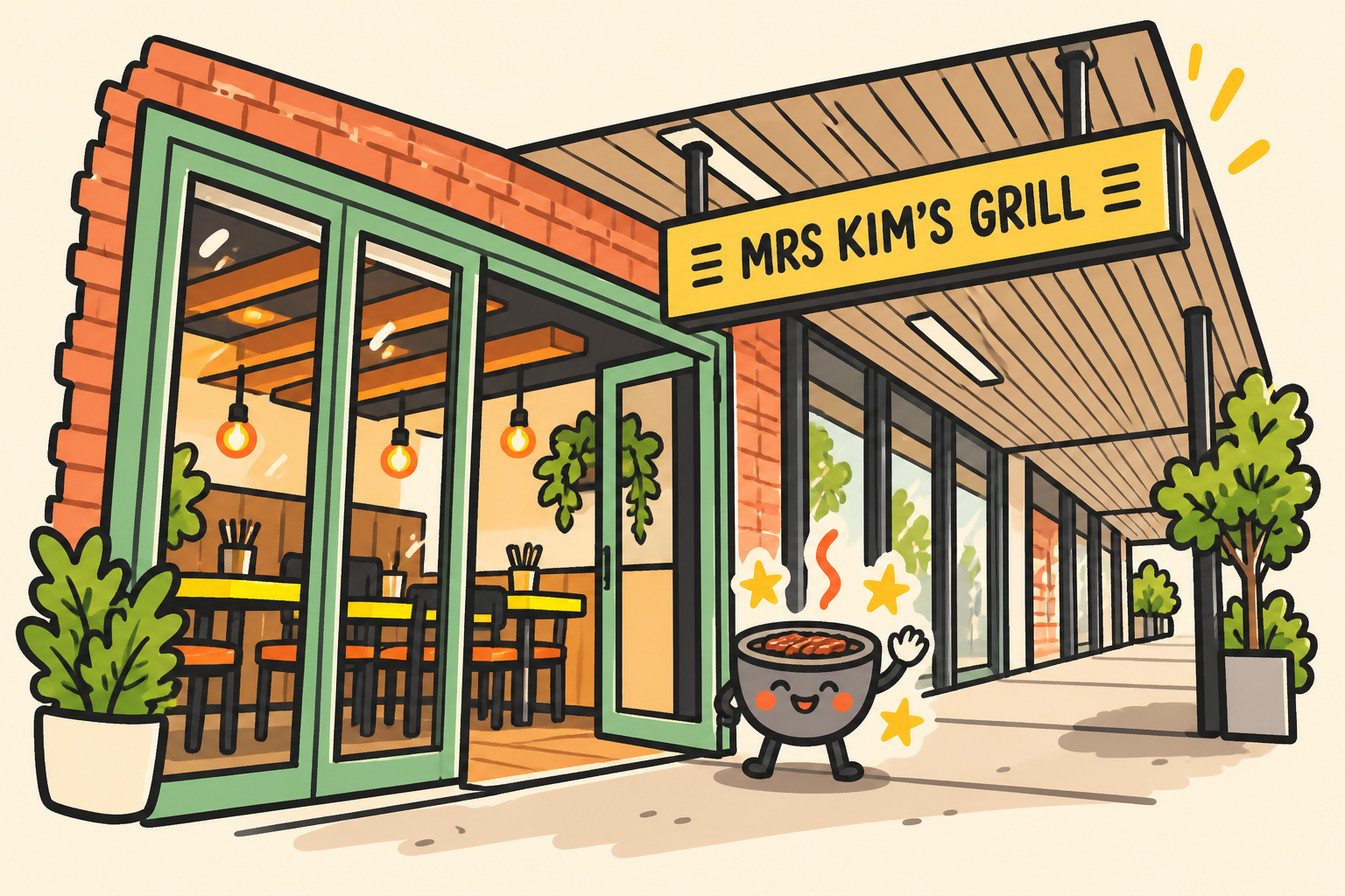 Hand drawing of the Mrs Kim's Grill storefront