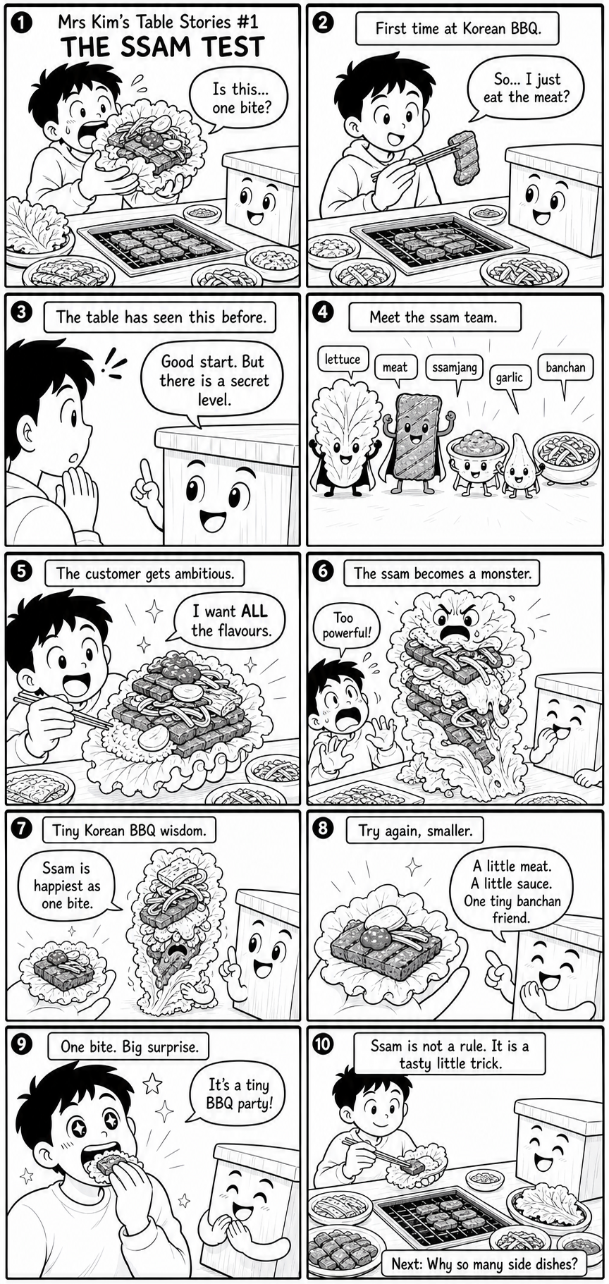 Mrs Kim's Table Stories episode 1, The Ssam Test, a ten-panel black and white Korean BBQ webtoon