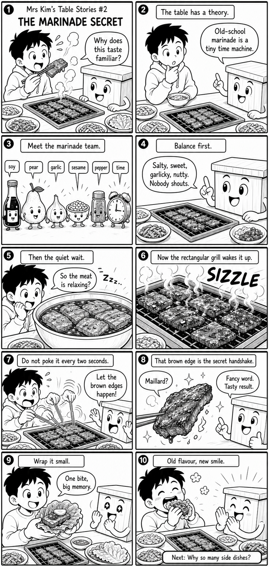 Mrs Kim's Table Stories episode 2, The Old Marinade Secret, a ten-panel black and white Korean BBQ webtoon