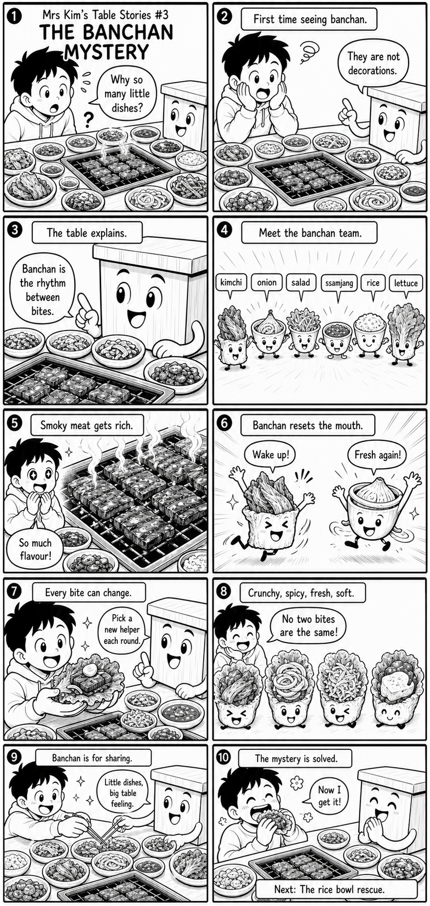 Mrs Kim's Table Stories episode 3, The Banchan Mystery, a ten-panel black and white Korean BBQ webtoon
